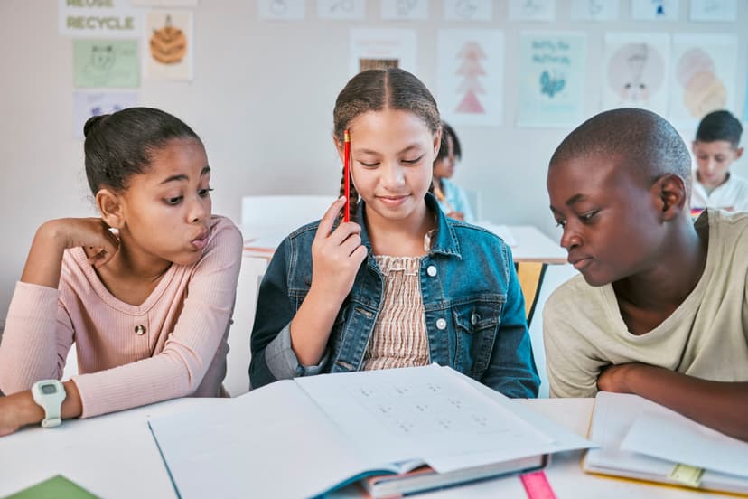 education-thinking-group-children-classroom-working-together-project-montessori-school-books-help-diversity-students-writing-math-test-brainstorming-helping-with-answers
